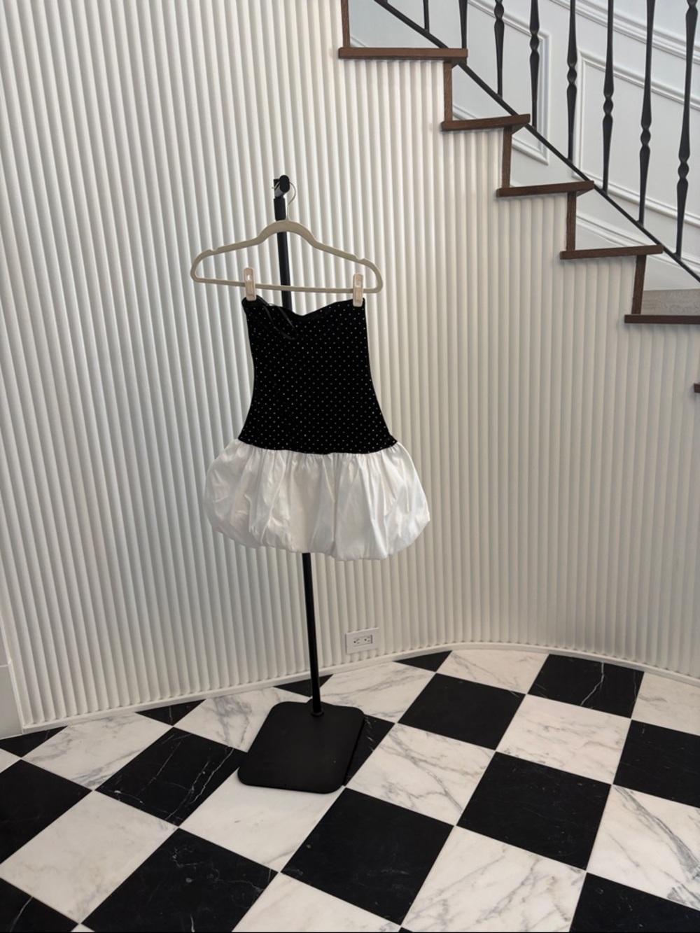 REVOLVE Black Polka Dot Strapless Dress with White Bubble Hem